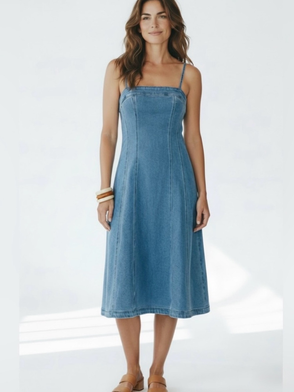 Express Blue Denim Midi Dress with Spaghetti Straps and Zip Up Back Detail NWT